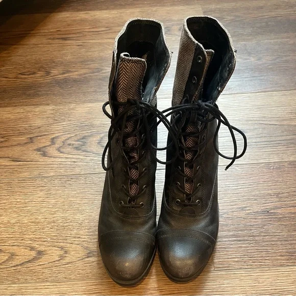 Kelsi Dagger Black & Grey Women’s Leather Lace Up Combat Moto Boots Size 10 - Picture 1 of 9